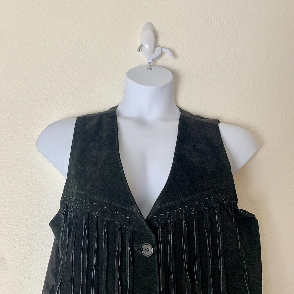 SANTA FE Womens Leather Suede Vest L Fringe Bohemian Black Button Up Sleeveless - Picture 2 of 9